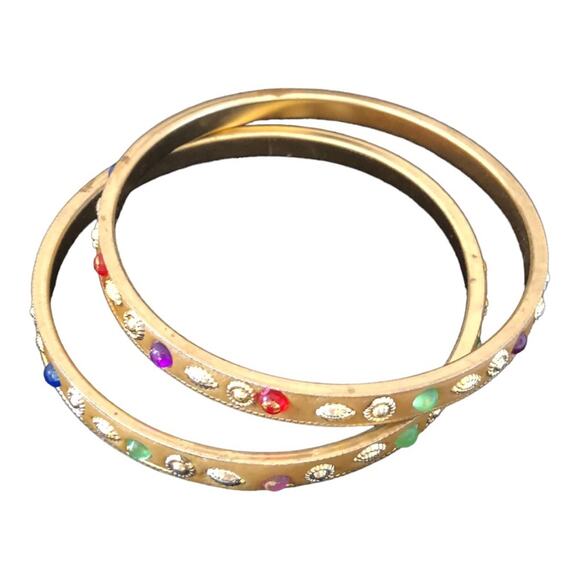 Two Multicolored Rhinestone Gold Stones Bangle Bracelets - Picture 3 of 16